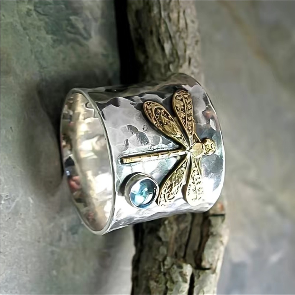 Dragonfly Ring Thumb Ring Silver Tone Hammered Look Unisex - Picture 6 of 13